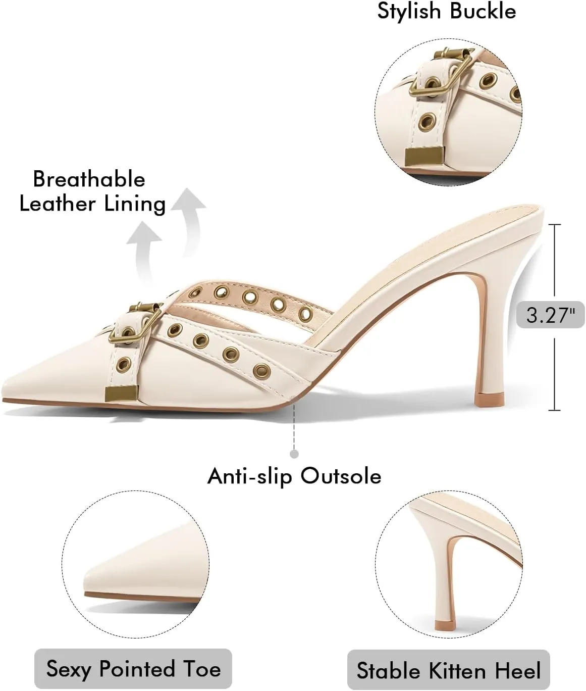 Coutgo Womens High Heels Mules Studded Slip On Mule Sandals Backless Buckle Dress Shoes Closed Pointed Toe Pumps