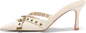 Coutgo Womens High Heels Mules Studded Slip On Mule Sandals Backless Buckle Dress Shoes Closed Pointed Toe Pumps