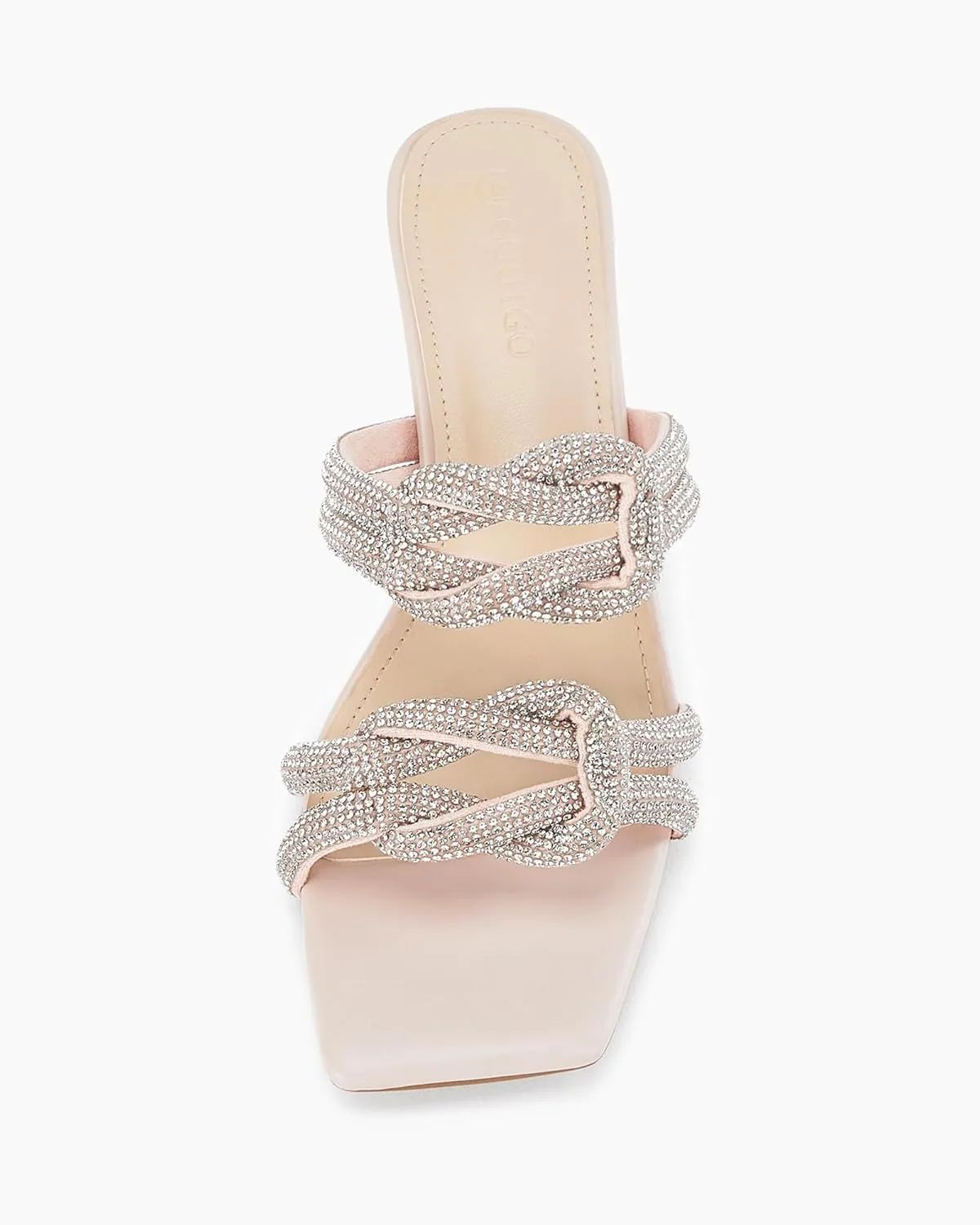 Coutgo Womens Kitten Heel Sandals Mules Rhinestone Slip on Low Heels Open Square Toe Dressy Summer Wedding Party Shoes