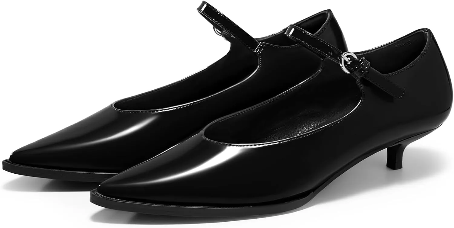 Coutgo Womens Kitten Low Heels Dress Shoes Mary Jane Ankle Buckle Strap Pumps Party Wedding Elegant Shoes
