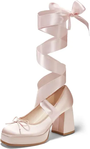 Coutgo Womens Lace Up Heels Platform Chunky High Heel Pumps Bow Closed Square Toe Party Ballet Dress Shoes