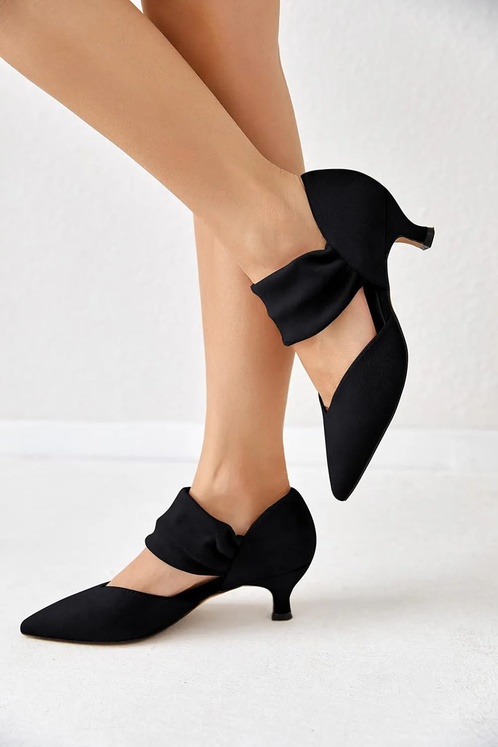 Coutgo Womens Low Kitten Heel Dress Shoes Pointed Toe Slip on Ankle Strap Cutout Elegant Party Wedding Pumps