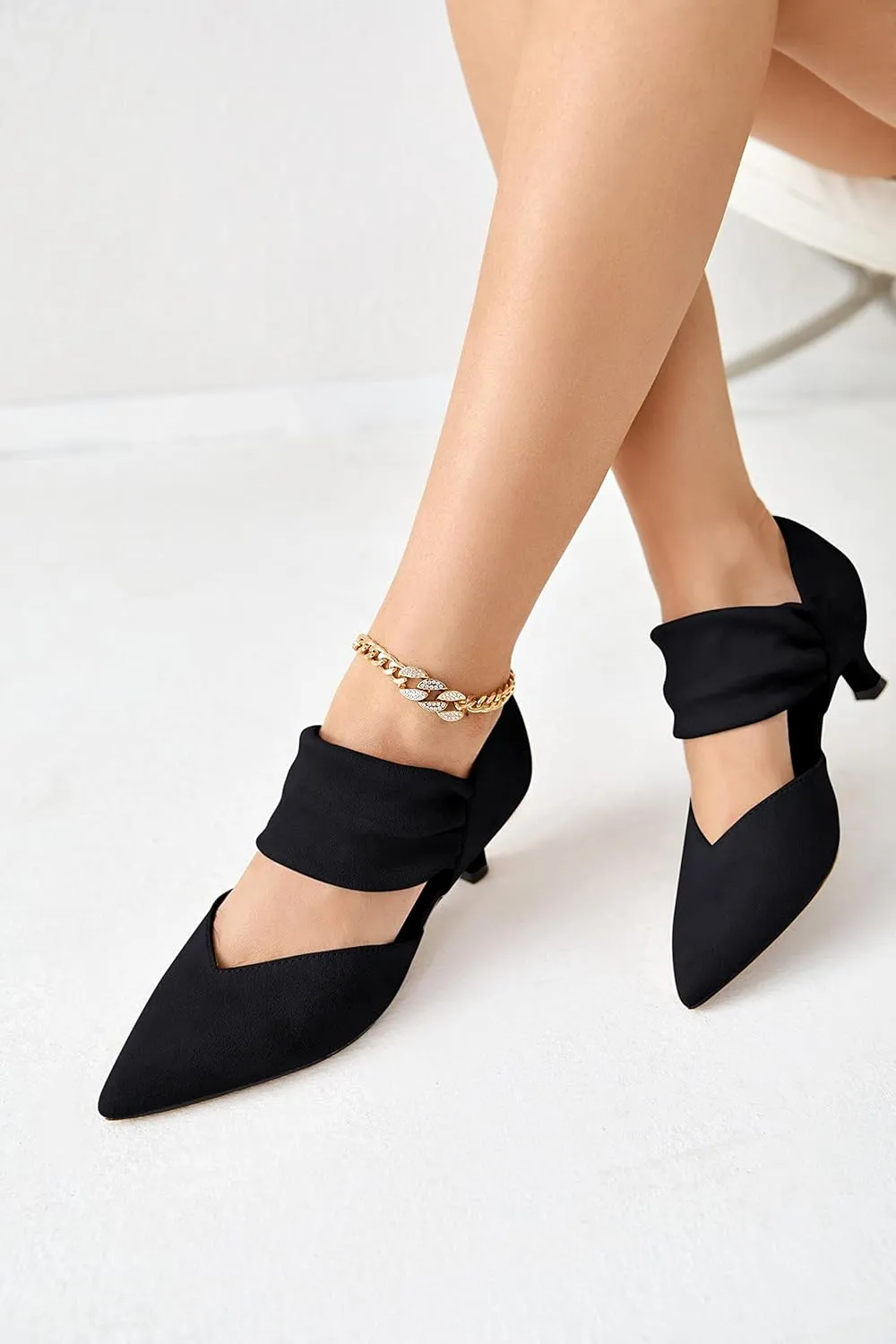 Coutgo Womens Low Kitten Heel Dress Shoes Pointed Toe Slip on Ankle Strap Cutout Elegant Party Wedding Pumps
