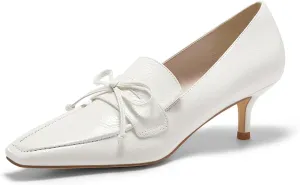 Coutgo Womens Low Kitten Heels Dress Shoes Closed Square Toe Slip on Elegant Office Party Pumps with Bow