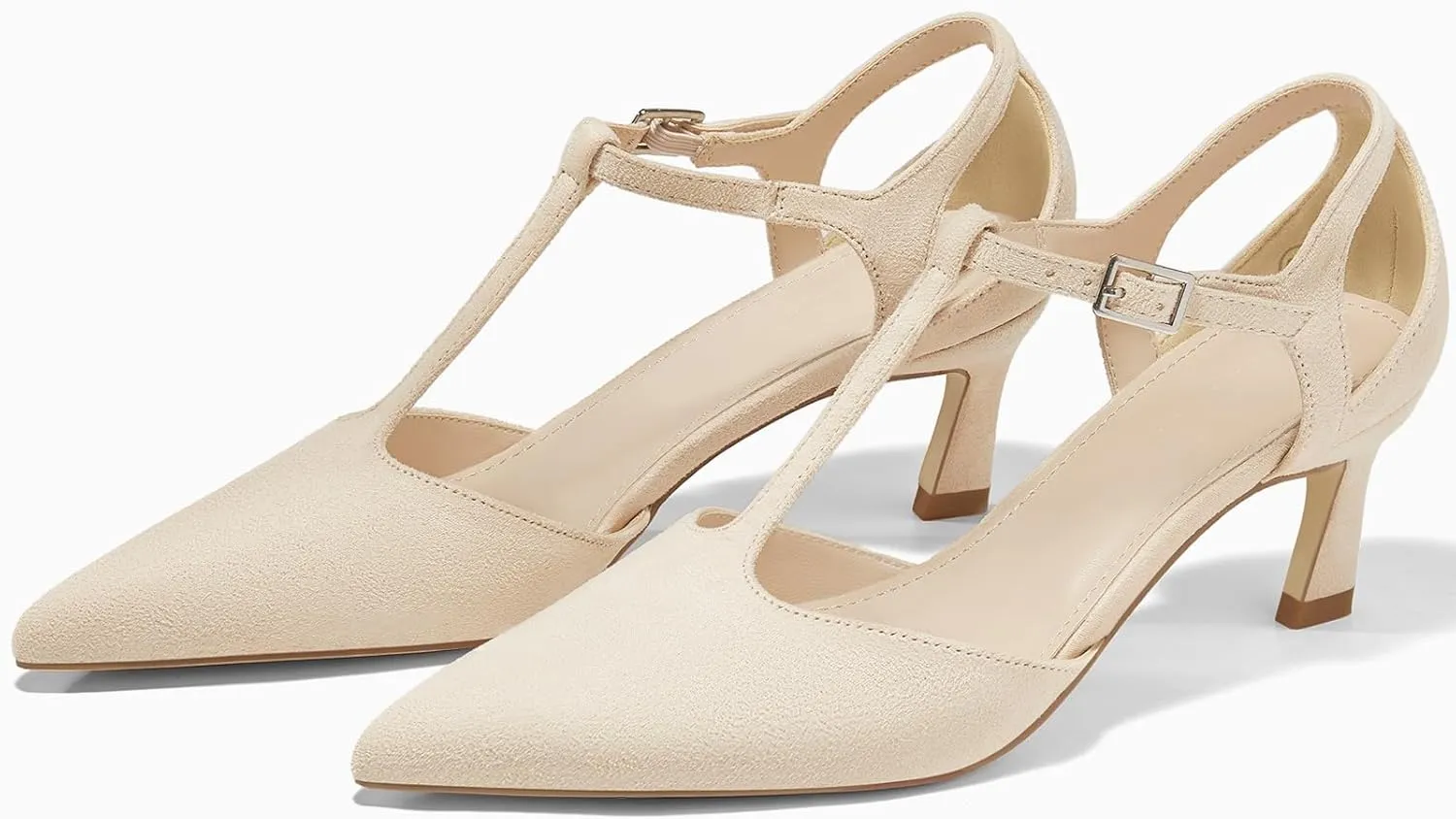 Coutgo Womens Low Kitten Heels T Strap Closed Pointed Toe Ankle Buckle Pumps Wedding Party Dress Shoes