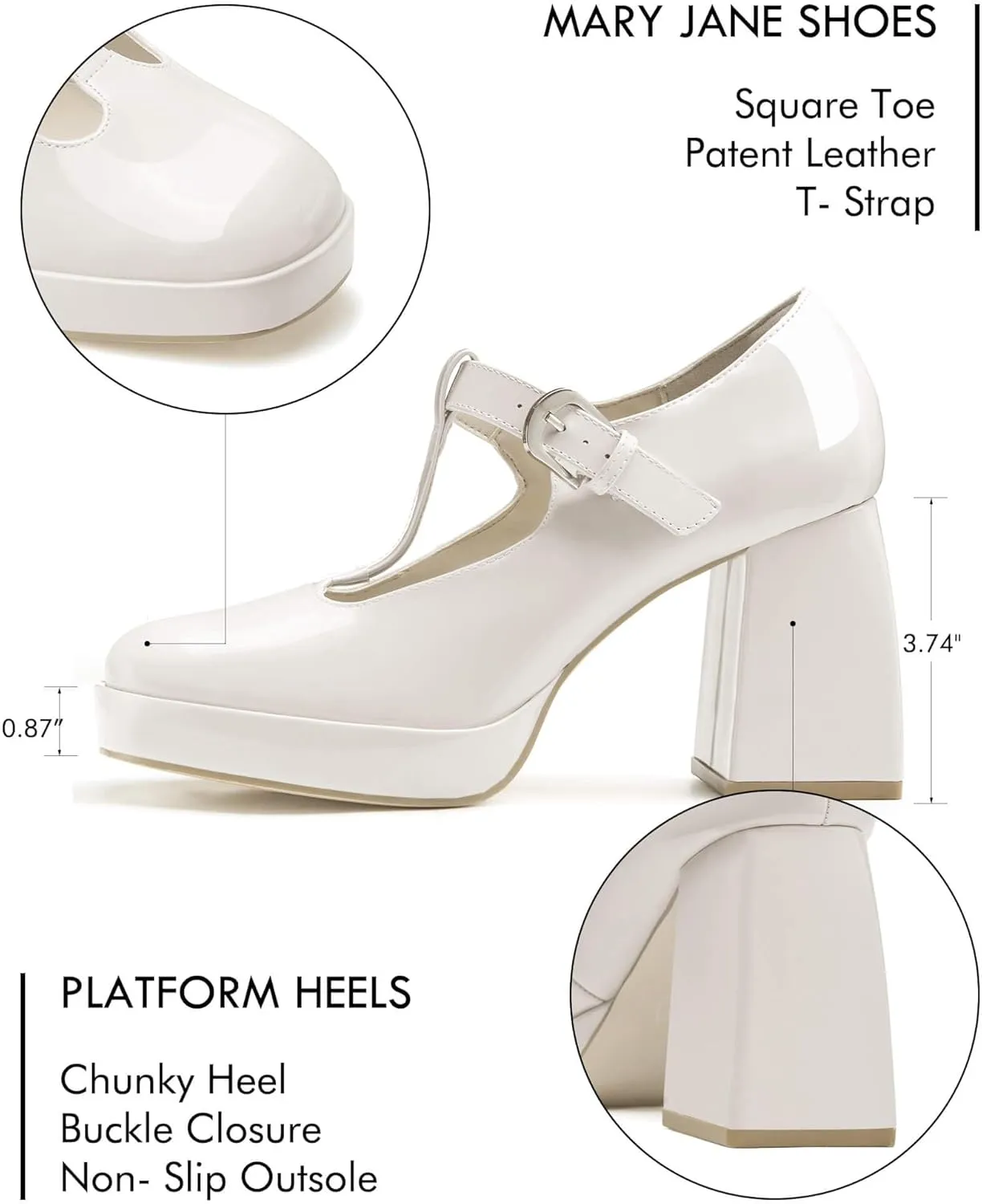 Coutgo Women's T-Strap Platform Mary Janes Square Toe High Chunky Heels Dress Party Pumps Shoes