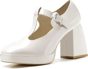 Coutgo Women's T-Strap Platform Mary Janes Square Toe High Chunky Heels Dress Party Pumps Shoes
