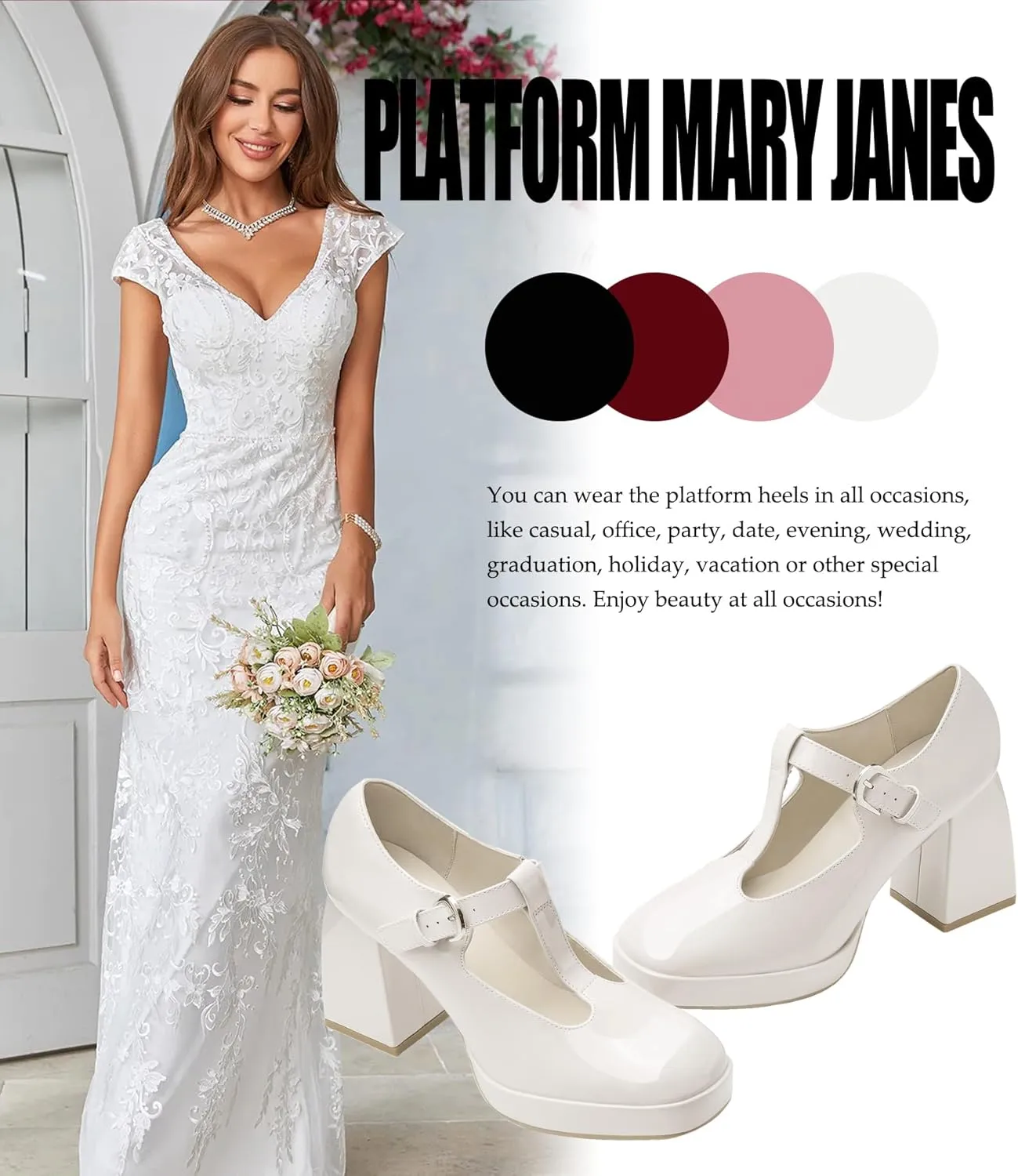 Coutgo Women's T-Strap Platform Mary Janes Square Toe High Chunky Heels Dress Party Pumps Shoes