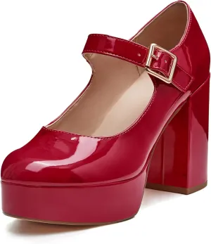 Coutgo Women's T-Strap Round Toe Platform Heels Chunky Heel Patent Mary Jane Dress Shoes