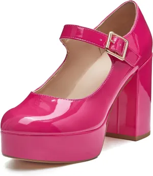Coutgo Women's T-Strap Round Toe Platform Heels Chunky Heel Patent Mary Jane Dress Shoes
