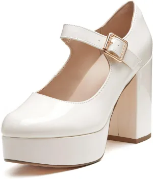 Coutgo Women's T-Strap Round Toe Platform Heels Chunky Heel Patent Mary Jane Dress Shoes