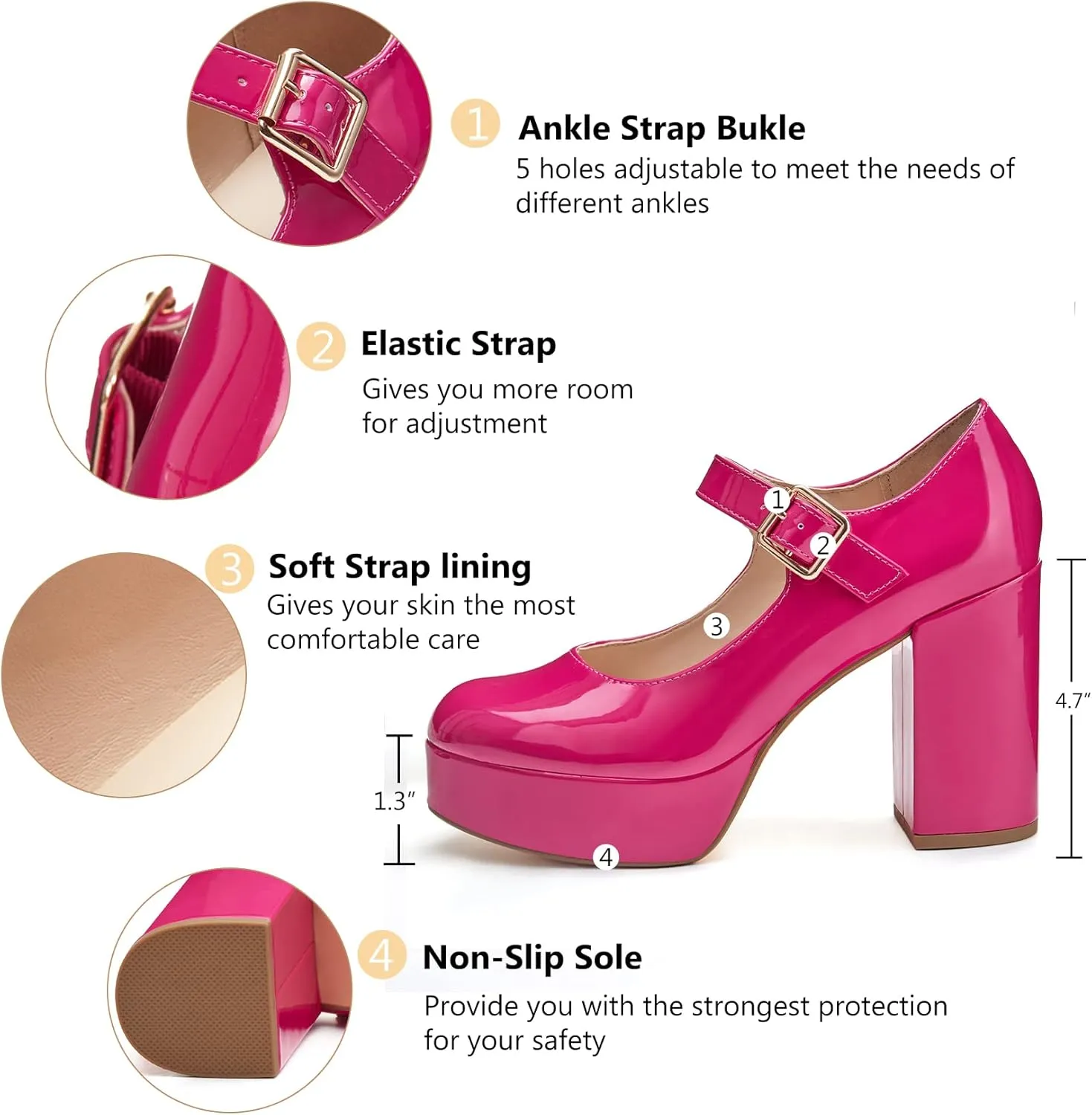 Coutgo Women's T-Strap Round Toe Platform Heels Chunky Heel Patent Mary Jane Dress Shoes