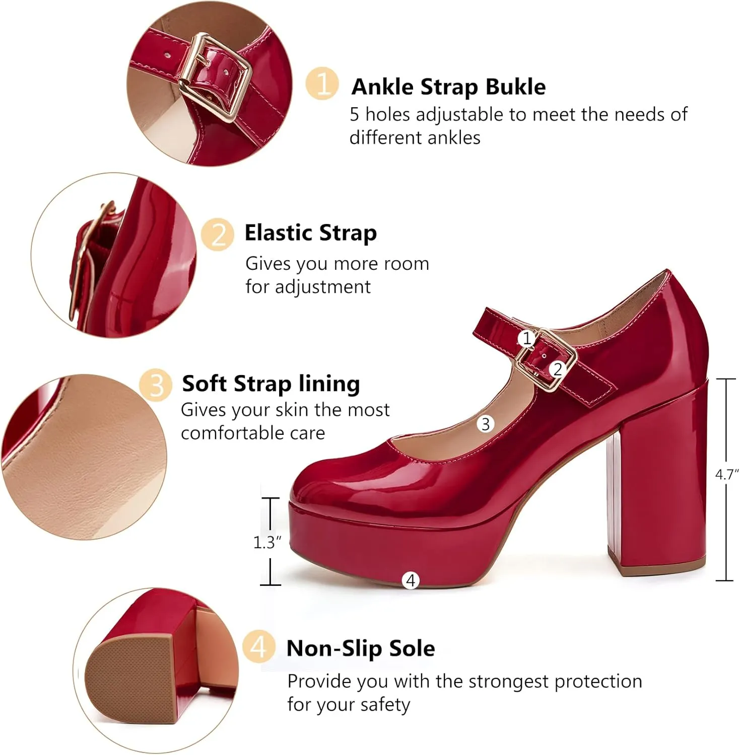 Coutgo Women's T-Strap Round Toe Platform Heels Chunky Heel Patent Mary Jane Dress Shoes