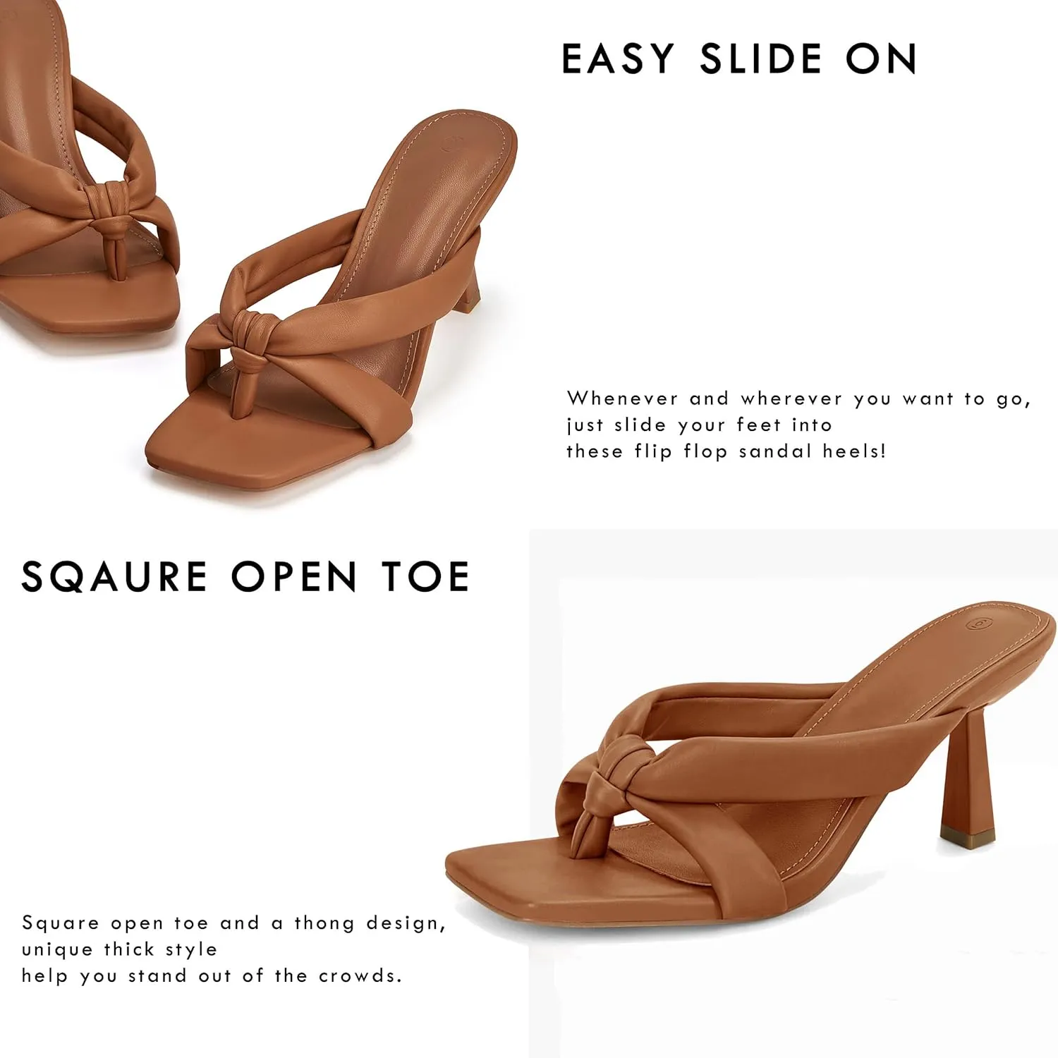 Coutgo Womens Thong Heels Mules Square Toe Heeled Flip Flops Mule Sexy Stiletto Dress Party Sandals