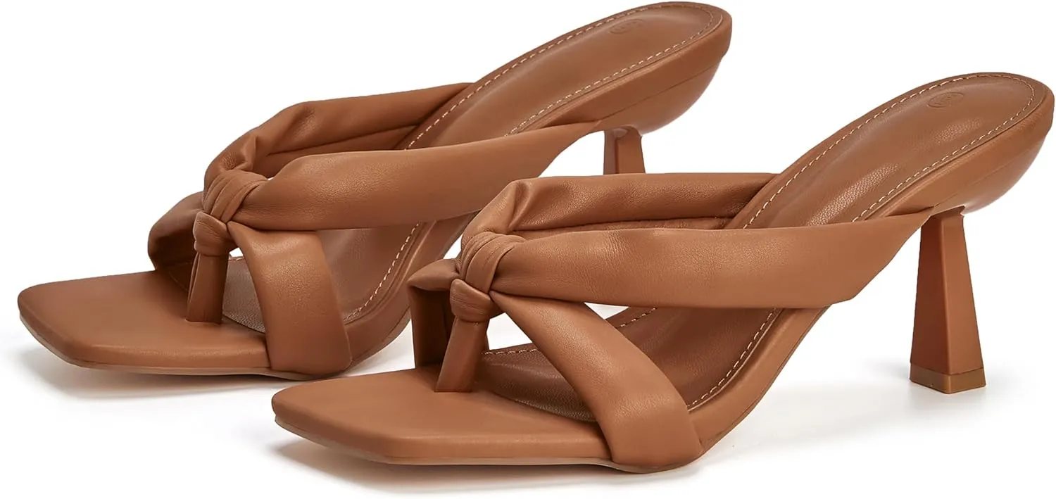 Coutgo Womens Thong Heels Mules Square Toe Heeled Flip Flops Mule Sexy Stiletto Dress Party Sandals
