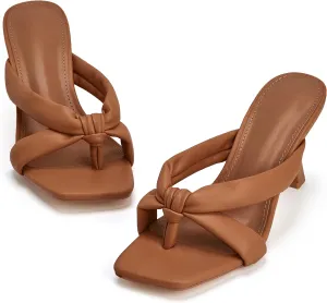 Coutgo Womens Thong Heels Mules Square Toe Heeled Flip Flops Mule Sexy Stiletto Dress Party Sandals