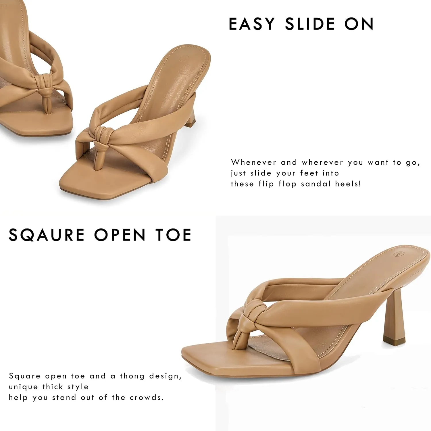 Coutgo Womens Thong Heels Mules Square Toe Heeled Flip Flops Mule Sexy Stiletto Dress Party Sandals