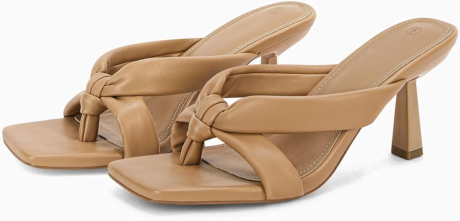 Coutgo Womens Thong Heels Mules Square Toe Heeled Flip Flops Mule Sexy Stiletto Dress Party Sandals