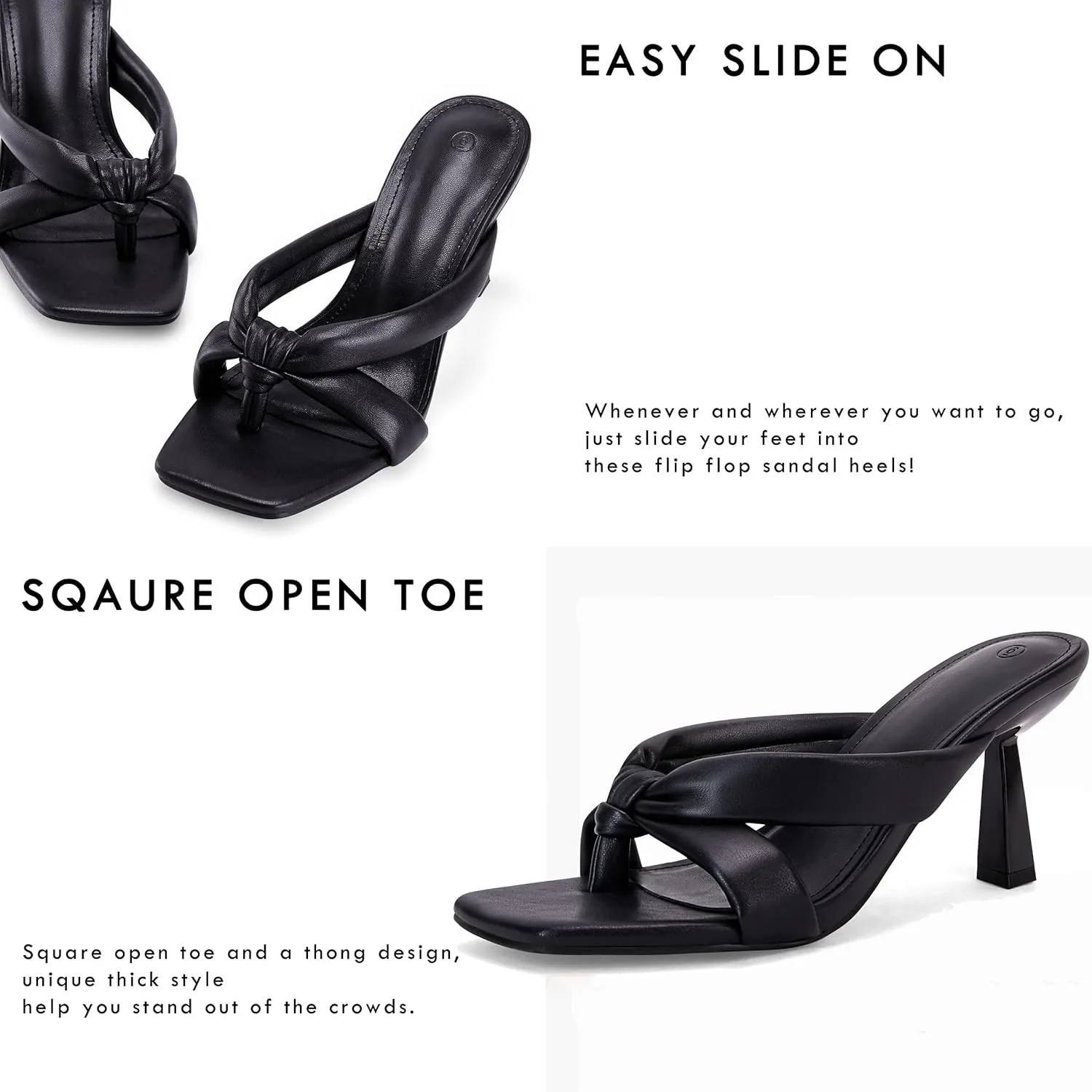 Coutgo Womens Thong Heels Mules Square Toe Heeled Flip Flops Mule Sexy Stiletto Dress Party Sandals