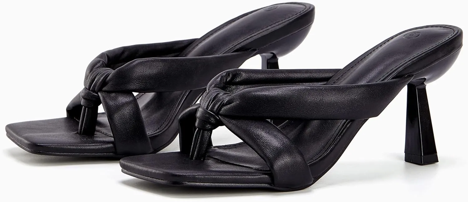 Coutgo Womens Thong Heels Mules Square Toe Heeled Flip Flops Mule Sexy Stiletto Dress Party Sandals