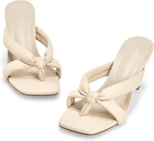 Coutgo Womens Thong Heels Mules Square Toe Heeled Flip Flops Mule Sexy Stiletto Dress Party Sandals