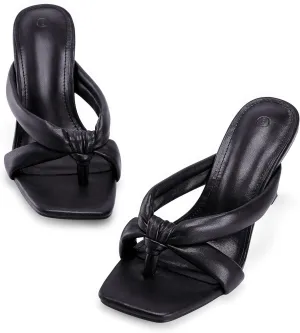 Coutgo Womens Thong Heels Mules Square Toe Heeled Flip Flops Mule Sexy Stiletto Dress Party Sandals