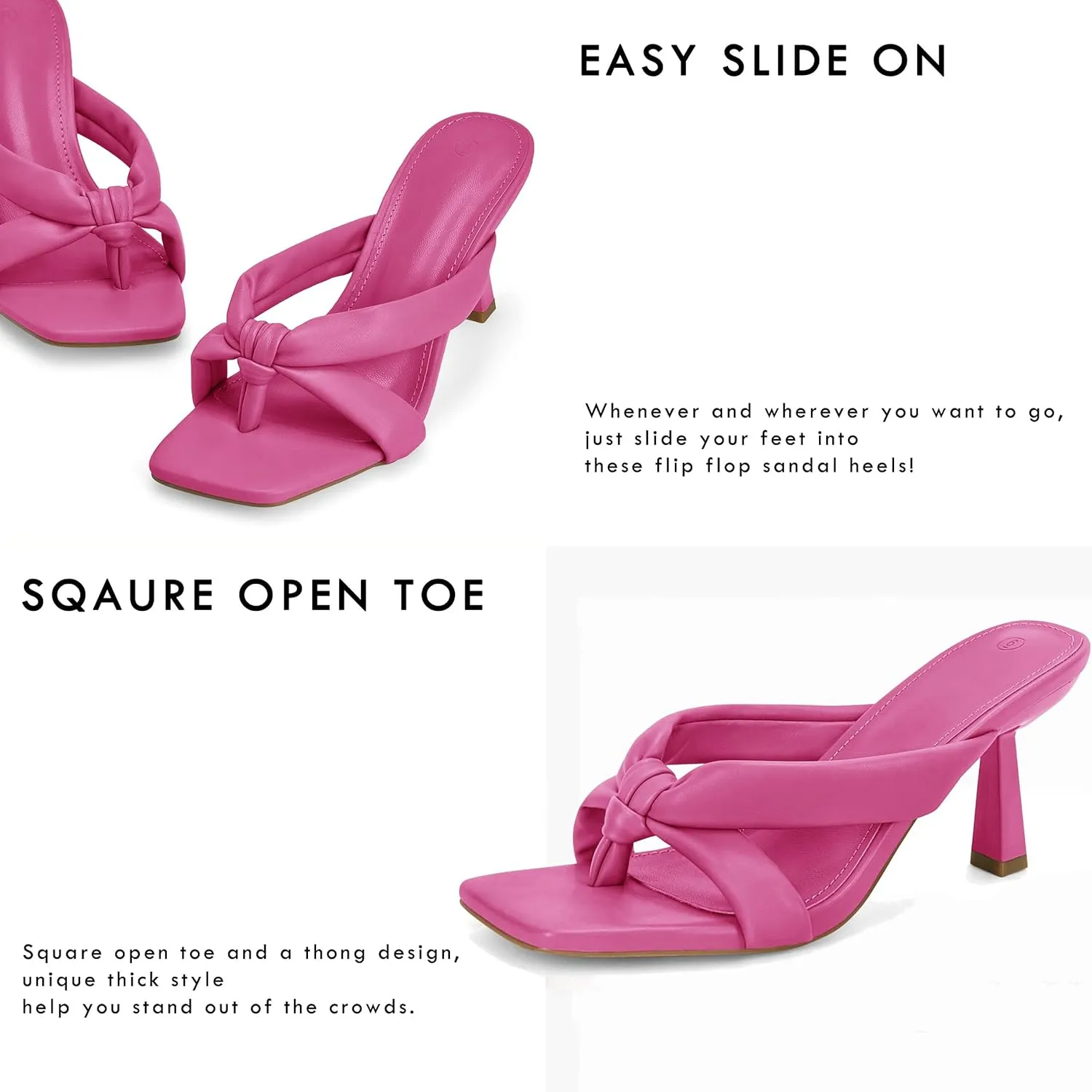 Coutgo Womens Thong Heels Mules Square Toe Heeled Flip Flops Mule Sexy Stiletto Dress Party Sandals