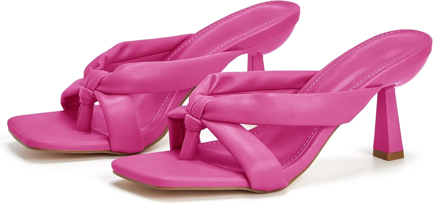 Coutgo Womens Thong Heels Mules Square Toe Heeled Flip Flops Mule Sexy Stiletto Dress Party Sandals