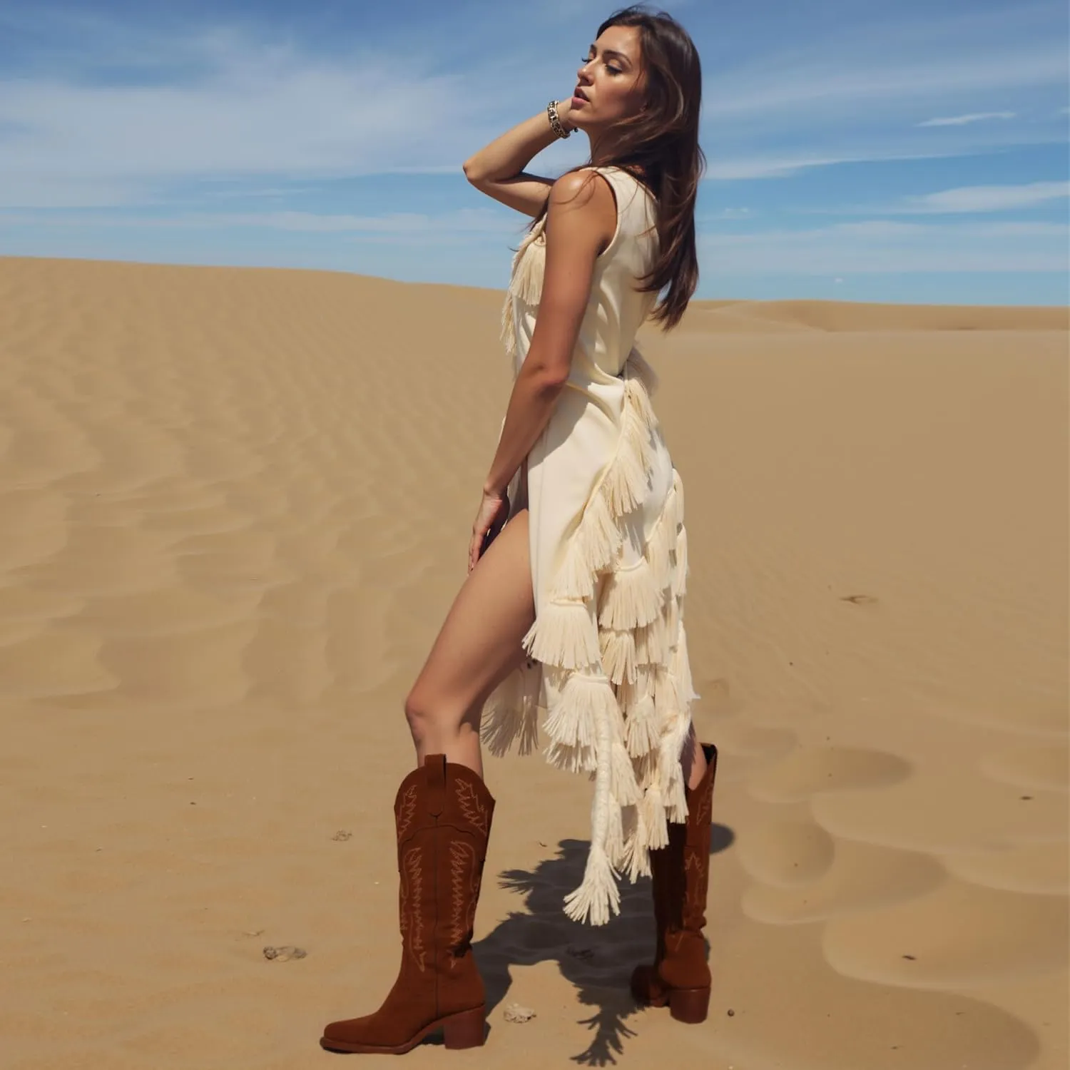 Cowboy Boots for Women Knee High Womens Cowgirl Boots for Girls Pointed Toe Slip on Chunky Heel Western Boot
