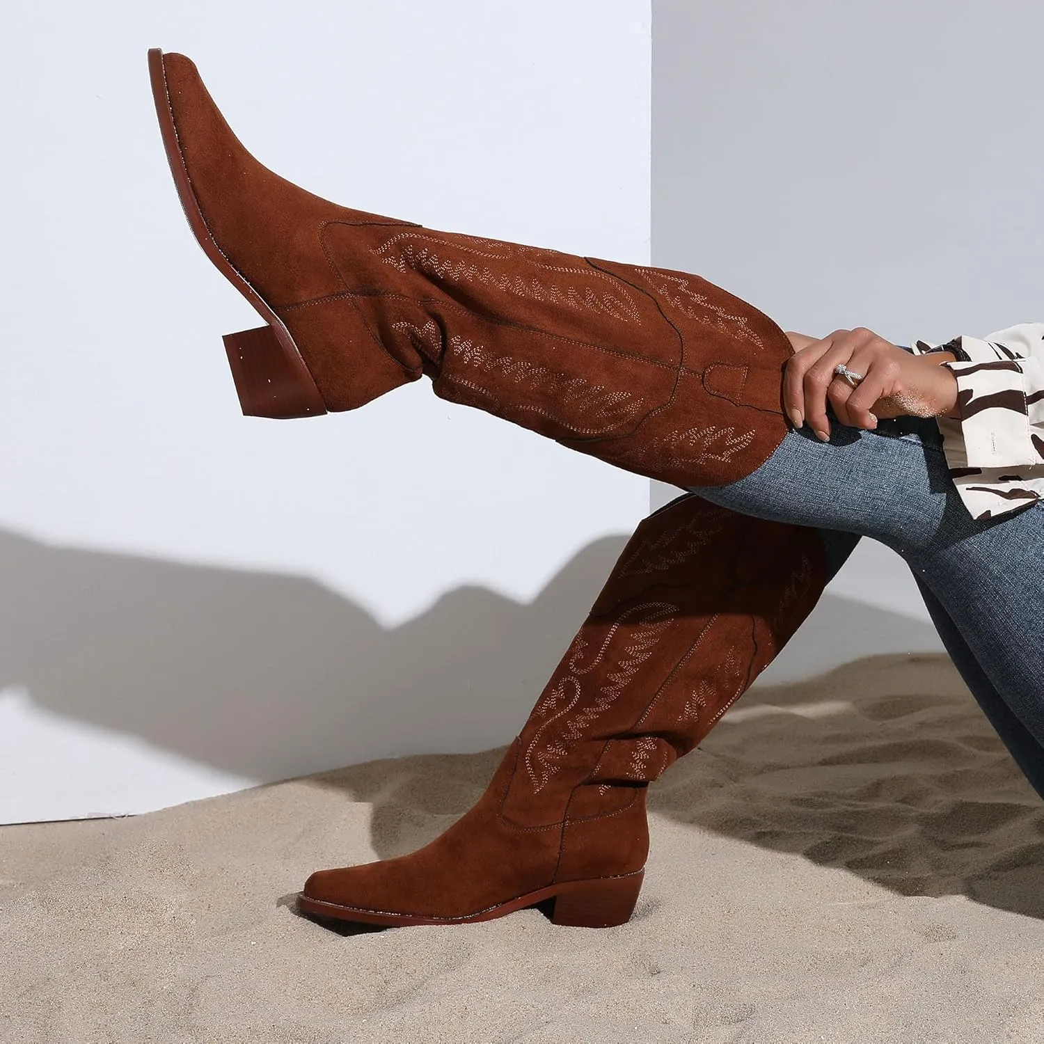 Cowboy Boots for Women Knee High Womens Cowgirl Boots for Girls Pointed Toe Slip on Chunky Heel Western Boot