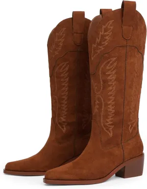 Cowboy Boots for Women Knee High Womens Cowgirl Boots for Girls Pointed Toe Slip on Chunky Heel Western Boot