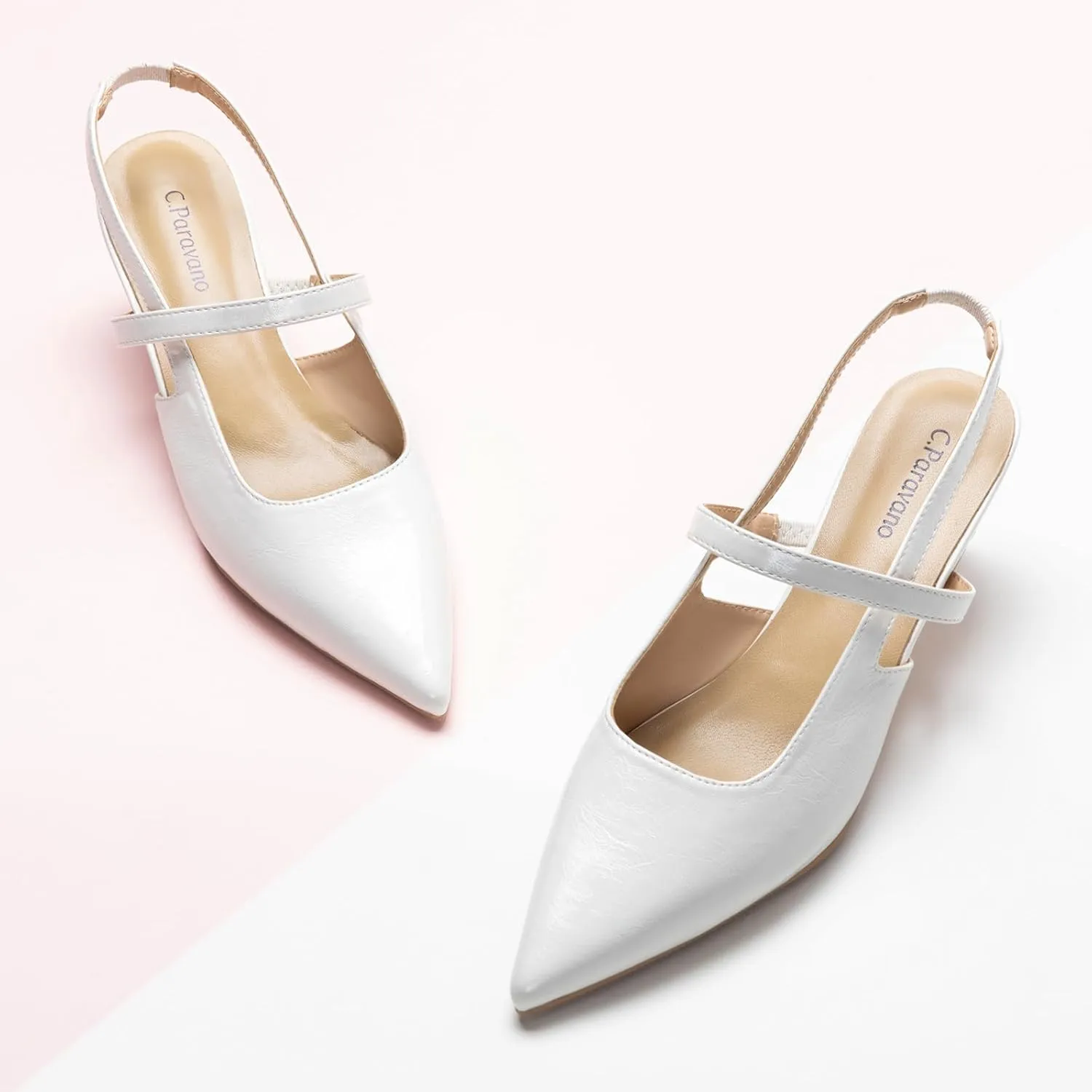 C.Paravano Women's Slingback Flats & Heels - Pointed Toe, Ankle Strap, Comfortable Leather Dress Shoes