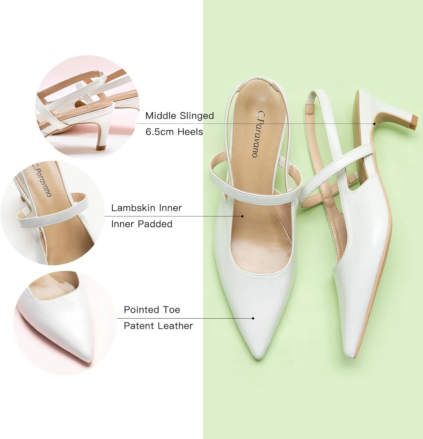 C.Paravano Women's Slingback Flats & Heels - Pointed Toe, Ankle Strap, Comfortable Leather Dress Shoes
