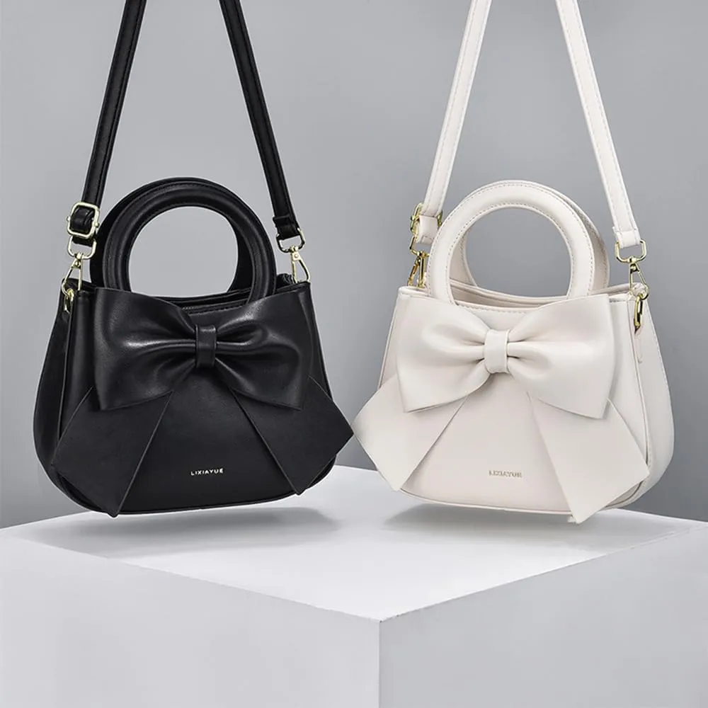 Cute Big Bow Top-handle Purse for Women Vegan Leather Shoulder Handbag Soft Work Shopper Crossbody Satchel