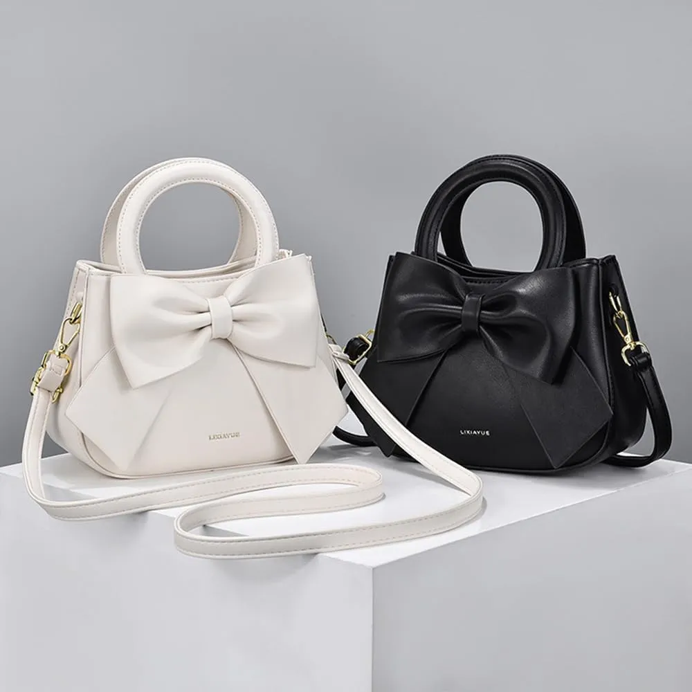 Cute Big Bow Top-handle Purse for Women Vegan Leather Shoulder Handbag Soft Work Shopper Crossbody Satchel