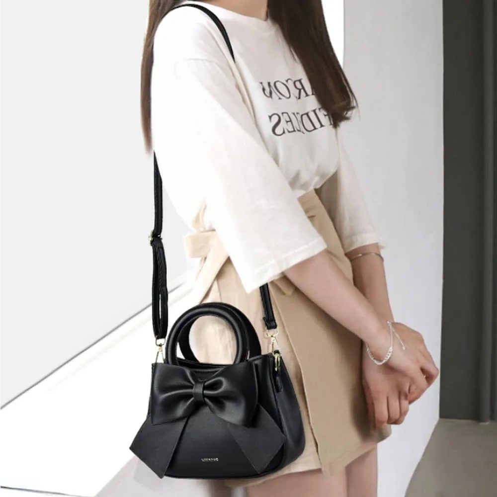 Cute Big Bow Top-handle Purse for Women Vegan Leather Shoulder Handbag Soft Work Shopper Crossbody Satchel