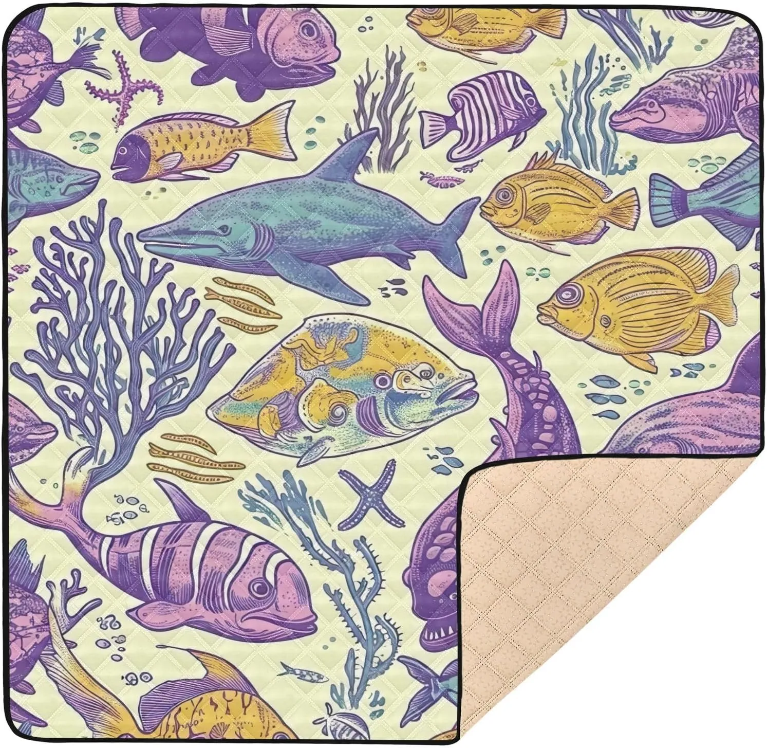 Cute Ocean Fish Baby Play Mat, Waterproof & Non-Slip Playpen Mat 50" X 50" Soft Foldable Crawling Mat Playing for Infants and Toddlers