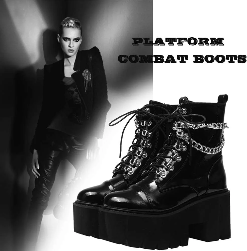 CYNLLIO Fashion Block Heel Platform Combat Ankle Booties Women's Lace up Studded Motorcycle Boots Mid Calf Boots