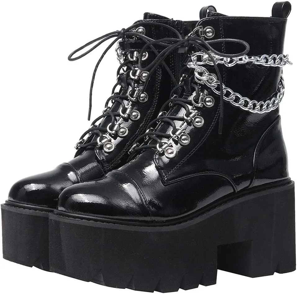 CYNLLIO Fashion Block Heel Platform Combat Ankle Booties Women's Lace up Studded Motorcycle Boots Mid Calf Boots