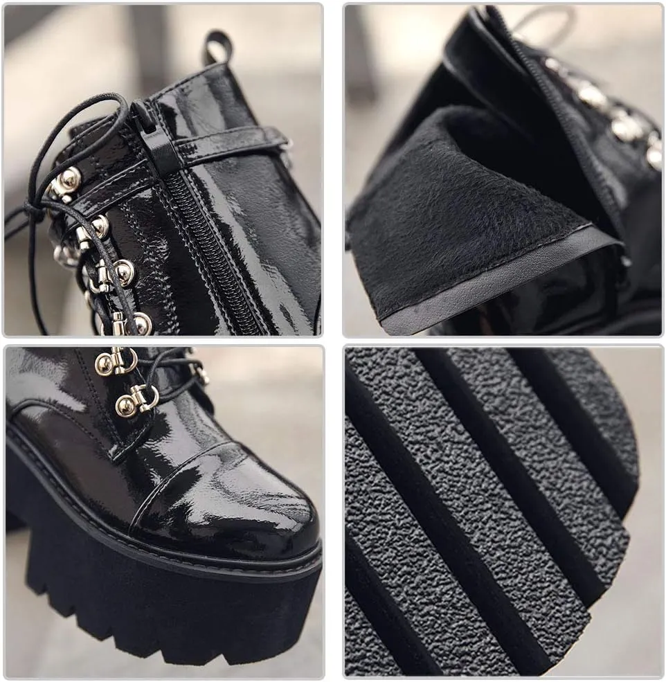 CYNLLIO Fashion Block Heel Platform Combat Ankle Booties Women's Lace up Studded Motorcycle Boots Mid Calf Boots