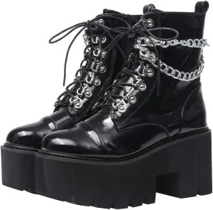CYNLLIO Fashion Block Heel Platform Combat Ankle Booties Women's Lace up Studded Motorcycle Boots Mid Calf Boots