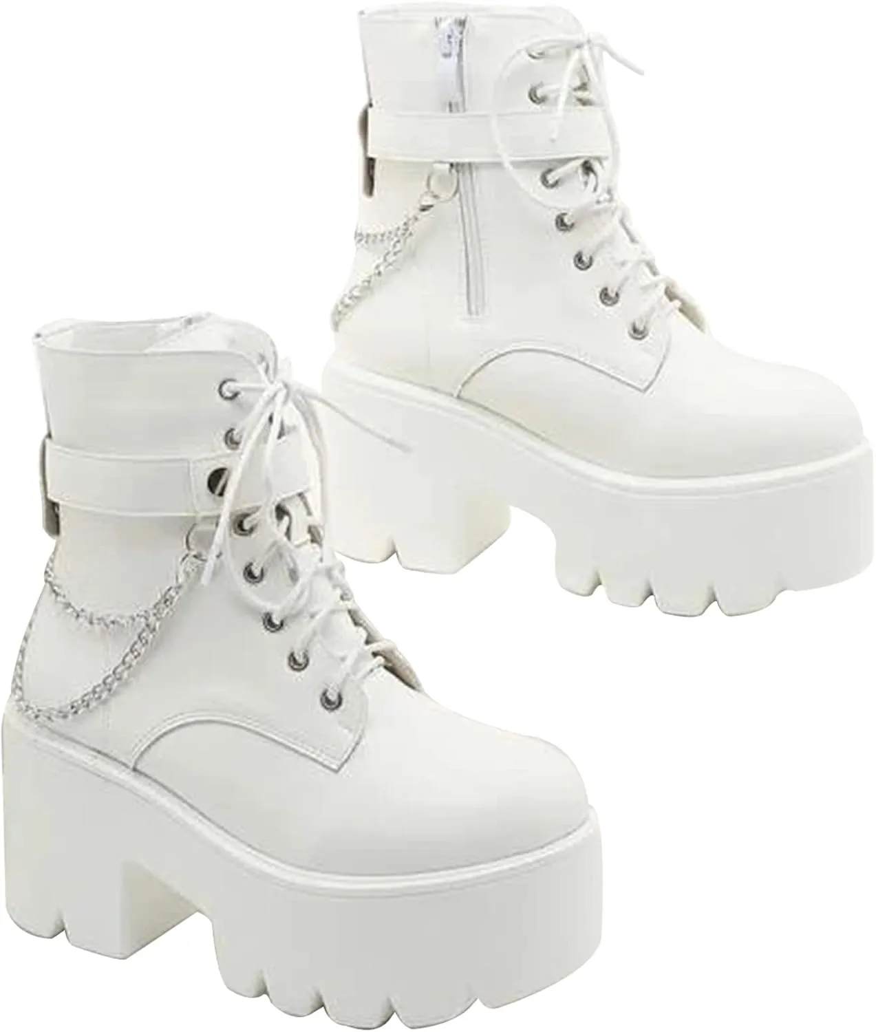 CYNLLIO Fashion Block Heel Platform Combat Ankle Booties Women's Lace up Studded Motorcycle Boots Mid Calf Boots