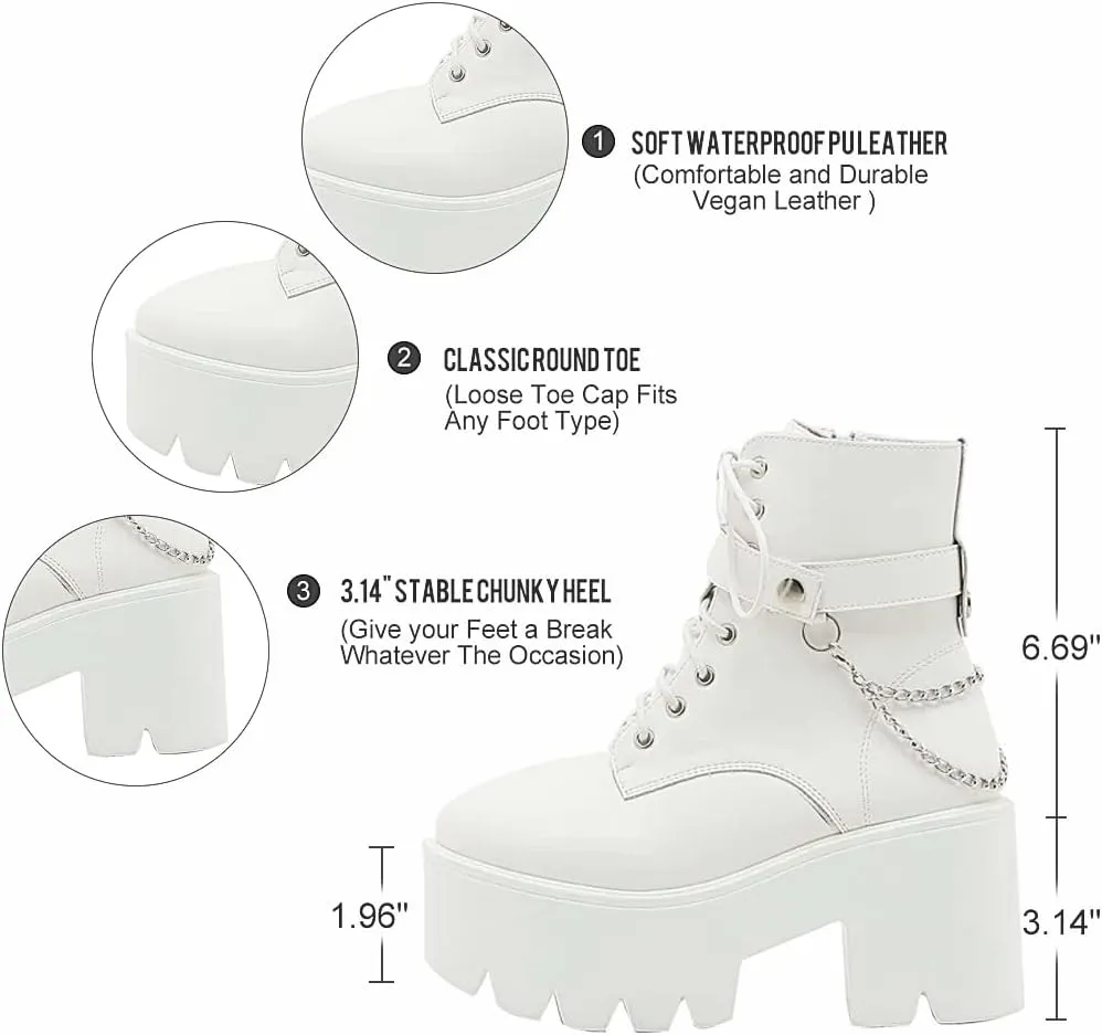 CYNLLIO Fashion Block Heel Platform Combat Ankle Booties Women's Lace up Studded Motorcycle Boots Mid Calf Boots
