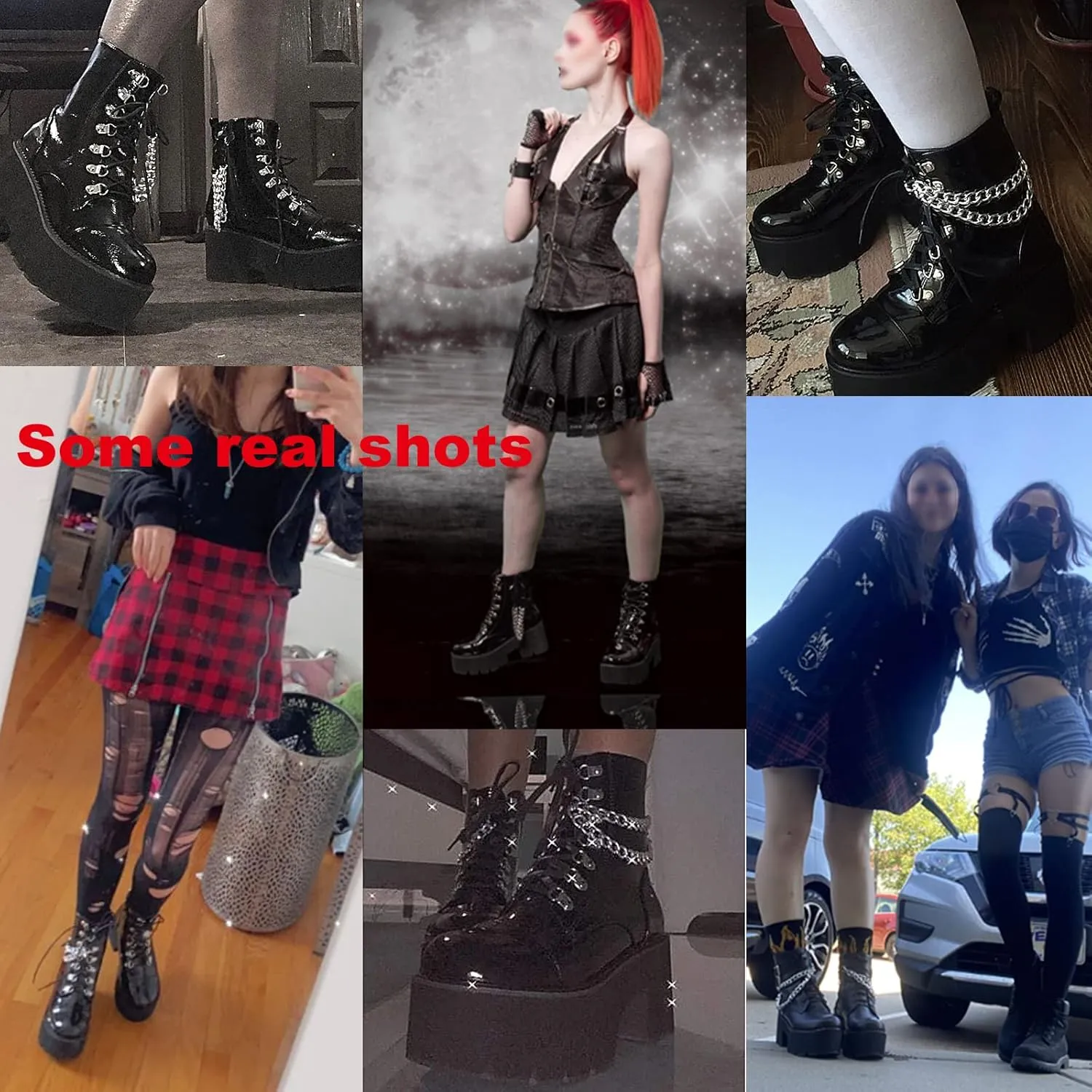 CYNLLIO Fashion Block Heel Platform Combat Ankle Booties Women's Lace up Studded Motorcycle Boots Mid Calf Boots