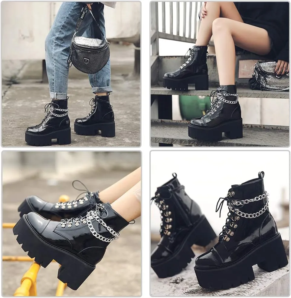 CYNLLIO Fashion Block Heel Platform Combat Ankle Booties Women's Lace up Studded Motorcycle Boots Mid Calf Boots