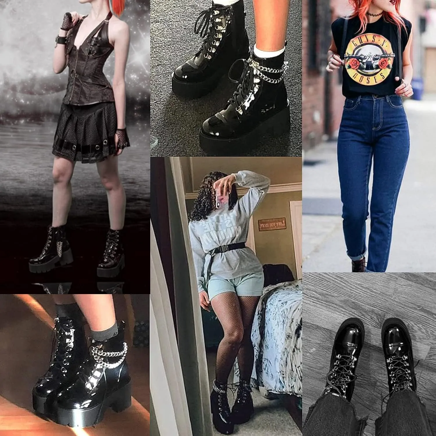 CYNLLIO Fashion Block Heel Platform Combat Ankle Booties Women's Lace up Studded Motorcycle Boots Mid Calf Boots