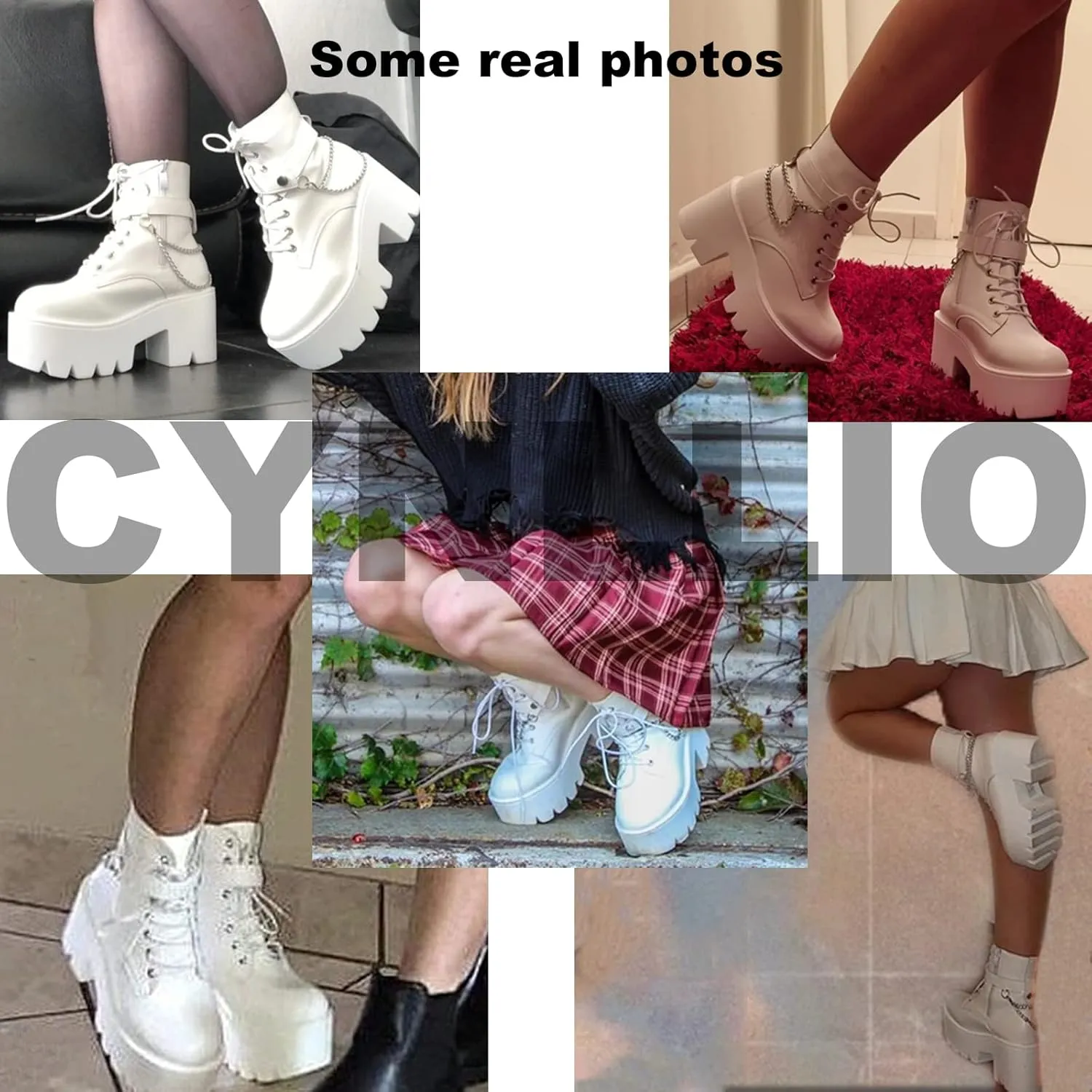 CYNLLIO Fashion Block Heel Platform Combat Ankle Booties Women's Lace up Studded Motorcycle Boots Mid Calf Boots