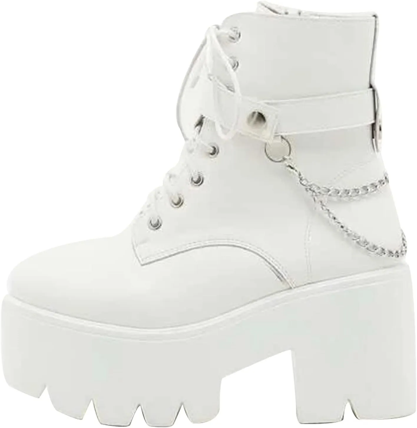 CYNLLIO Fashion Block Heel Platform Combat Ankle Booties Women's Lace up Studded Motorcycle Boots Mid Calf Boots