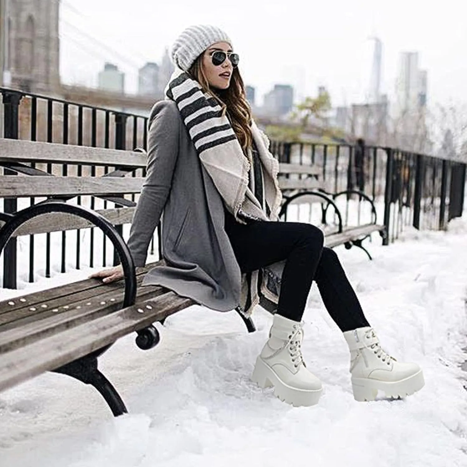 CYNLLIO Fashion Block Heel Platform Combat Ankle Booties Women's Lace up Studded Motorcycle Boots Mid Calf Boots