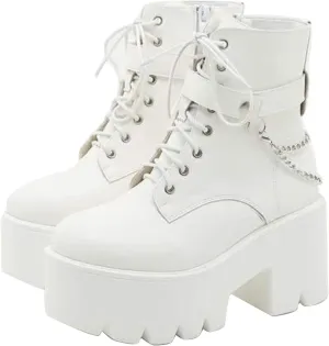 CYNLLIO Fashion Block Heel Platform Combat Ankle Booties Women's Lace up Studded Motorcycle Boots Mid Calf Boots
